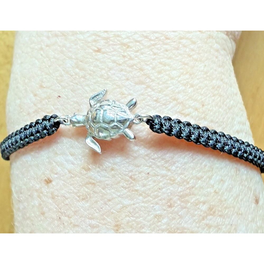 925 Sterling Silver Sea Turtle Bracelet Black Cord Adjustable Coastal Beach Boho
